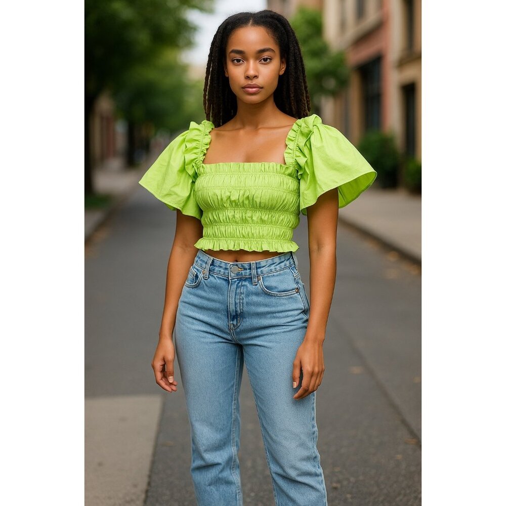 Zara Lime Green Smocked Ruffle Poplin Crop Top With Flutter Sleeves XS